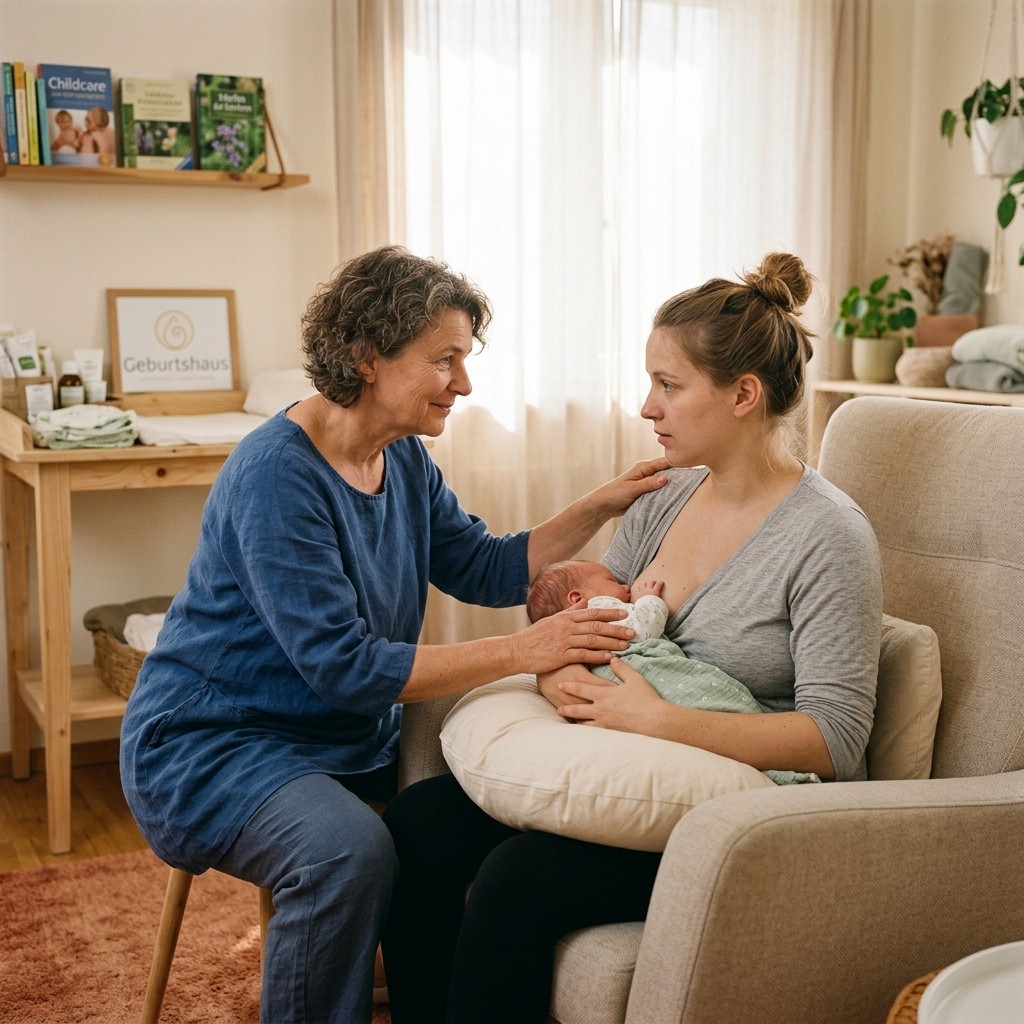 Eine Hebamme sitzt neben einer stillenden Mutter und erklärt das Stillen